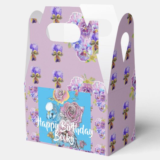 Budgie Waterverf floral lila Birthday Cake Box Bedankdoosjes (Geopend)
