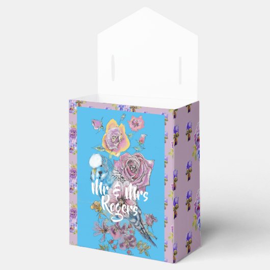 Budgie Waterverf floral lila Wedding Cake Box Bedankdoosjes (Geopend)