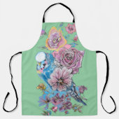 Budgie Waterverf Roos Floral Design Groen Schort (Voorkant)