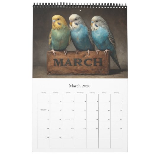 BUDGIES 2026 Parakeets Art Kalender (Mar 2026)