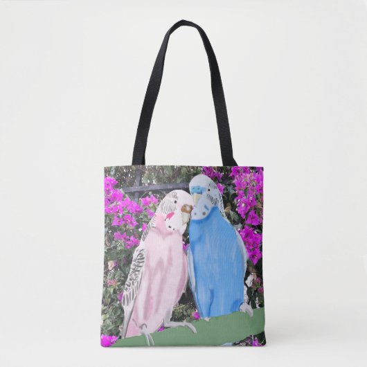 Budgies en Pinky mauve Bougainvillea Tote Bag (Voorkant)