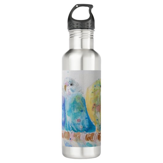 Budgies Sitting Branch Waterverf art Water Bottle Waterfles (Voorkant)