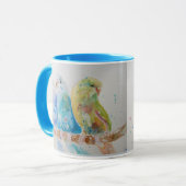 Budgies Three Sitting Branch Waterverf Mok Blue (Voorkant links)