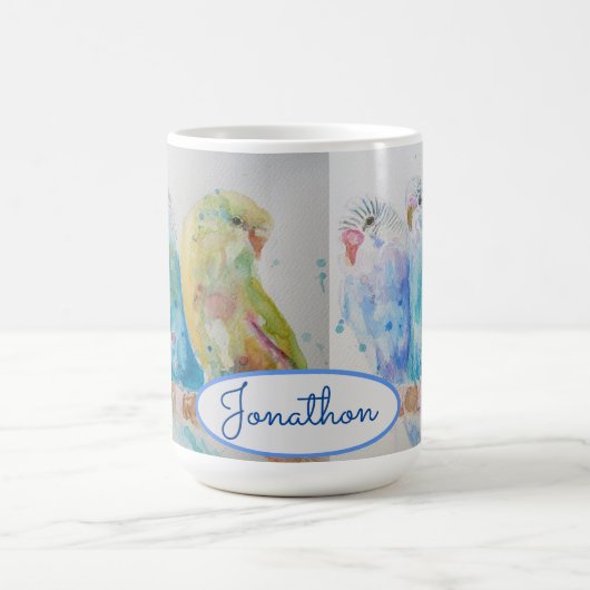 Budgies Three Sitting on Branch Blue Mok (Center)