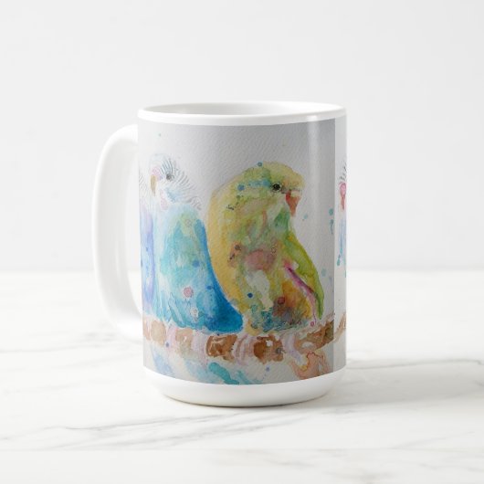 Budgies Three Sitting on Branch Blue Mok (Voorkant links)