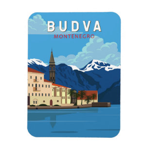 Budva Montenegro Retro Travel Art  Magneet