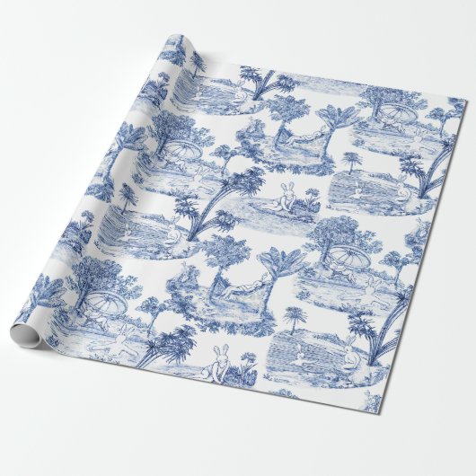 Bue Easter Bunny Toile Cadeaupapier (Uitgerold)