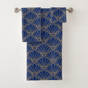 Bue & Gold Art Deco Fan Flower Motif Bad Handdoek