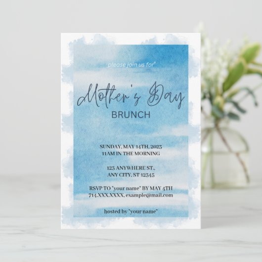 Bue Wtaercolor Moederdag Brunch Invitation Kaart (Staand voorkant)