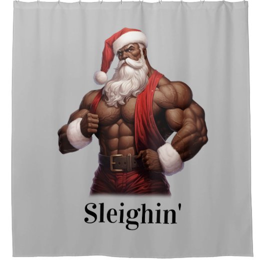 Buff Afro-Amerikaanse Santa Workout Spieren Gym Douchegordijn (Voorkant)