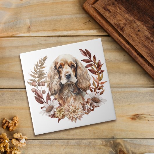 Buff Amerikaanse Cocker Spaniel Hond Herfst krans Tegeltje