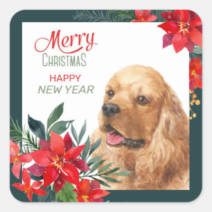 Buff Cocker Spaniel Hond Poinsettia Boeket Vierkante Sticker