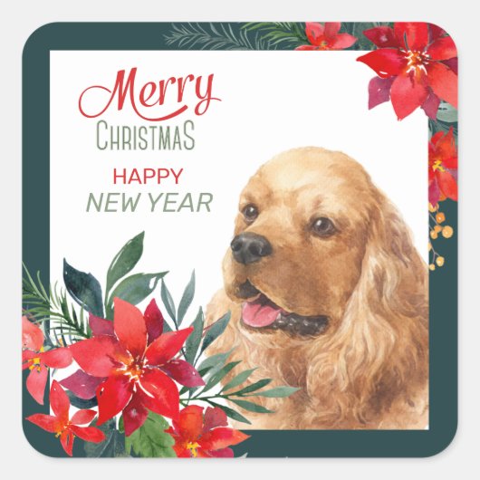 Buff Cocker Spaniel Hond Poinsettia Boeket Vierkante Sticker (Voorkant)