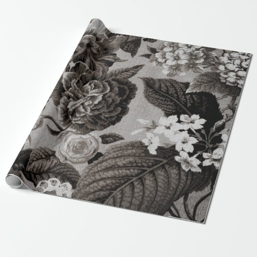 Buff Grey Modern  Floral Toile Cadeaupapier (Uitgerold)