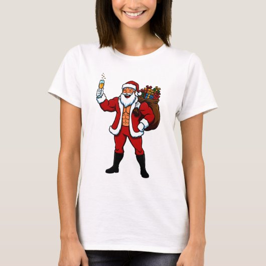 Buff Santa Cheers! Ripped Santa Claus with Champag T-shirt (Voorkant)