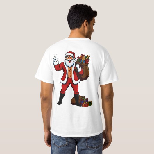 Buff Santa Peace Sign! Ripped Abs & Funny Christma T-shirt (Achterkant volledig)