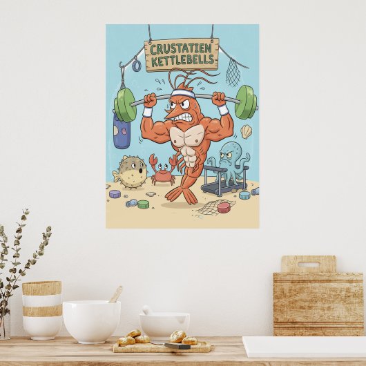 Buff Shrimp Gym Poster – Funny Beach Art (Keuken)