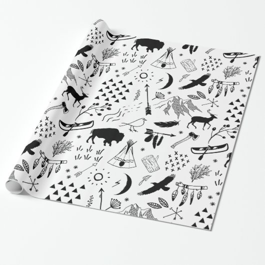 Buffalo Adventures Pattern Black ID599 Cadeaupapier (Uitgerold)
