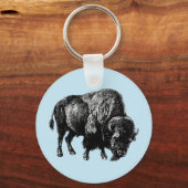 Buffalo American Bison Wood Engraving Keyc Sleutelhanger (Voorkant)