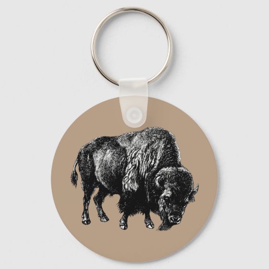 Buffalo American Bison Wood Engraving Keyc Sleutelhanger (Voorkant)