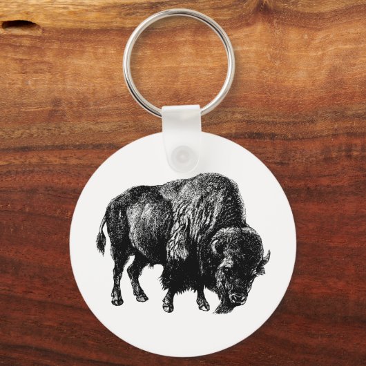 Buffalo American Bison Wood Engraving Sleutelhanger (Voorkant)