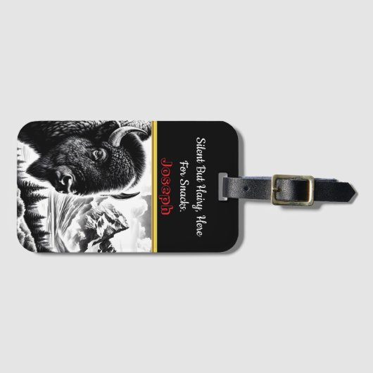 Buffalo bij zonsopgang in berglandschap bagagelabel (Voorkant (horizontaal))