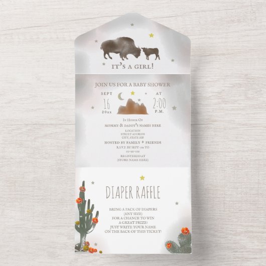 Buffalo Bison Cacti Diaper Raffle Girl Baby shower All In One Uitnodiging (Binnen)