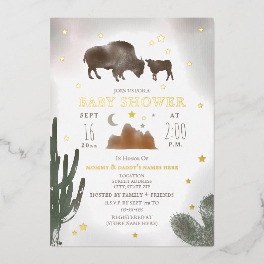 Buffalo Bison Cactus Desert Stars Baby shower Folie Uitnodiging (Voorkant)