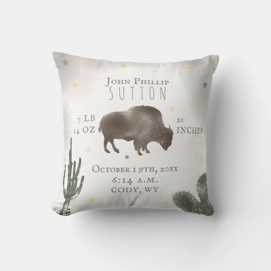 Buffalo Bison Desert Cactus Baby Birth Stats Kussen (Voorkant)