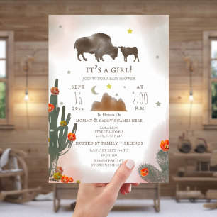 Buffalo Bison Desert Cactus Girl Baby shower Kaart