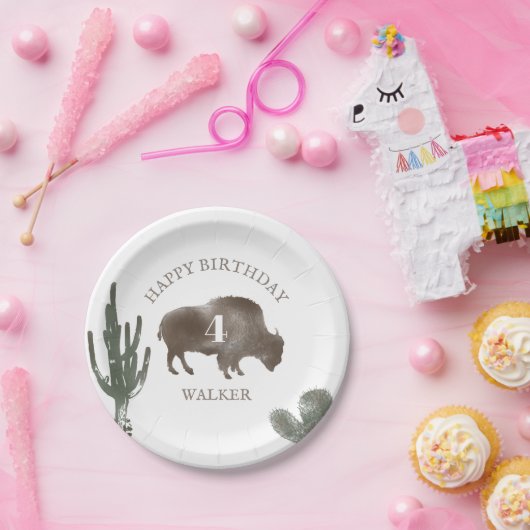 Buffalo Bison Desert Cactus Ranch Westerne Birthda Papieren Bordje (Feest)