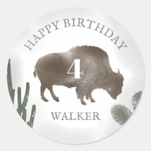 Buffalo Bison Desert Cactus Ranch Westerne Birthda Ronde Sticker