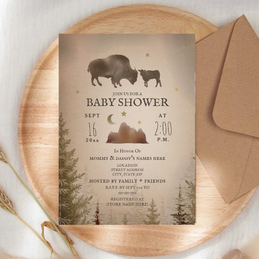 Buffalo Bison Desert Evergreen Baby shower Rustic Kaart