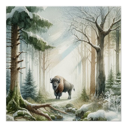 Buffalo Bison grillig winterlandschap Perfect Poster (Voorkant)