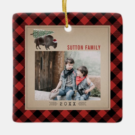 Buffalo Bison-kerstboom, rode foto Keramisch Ornament (Voorkant)