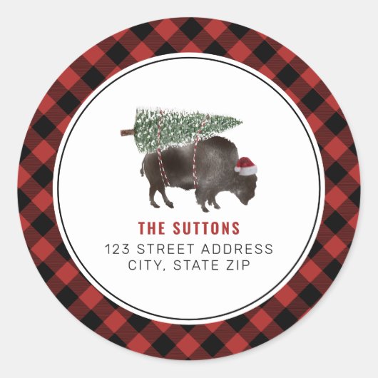 Buffalo Bison kerstboom rood speldenadres Ronde Sticker (Voorkant)