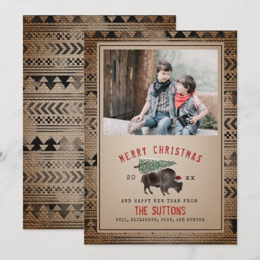 Buffalo Bison Merry kerstboom Burlap foto Feestdagenkaart (Voorkant / Achterkant)