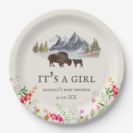 Buffalo Bison Mountains Girl Baby shower Papieren Bordje (Voorkant)