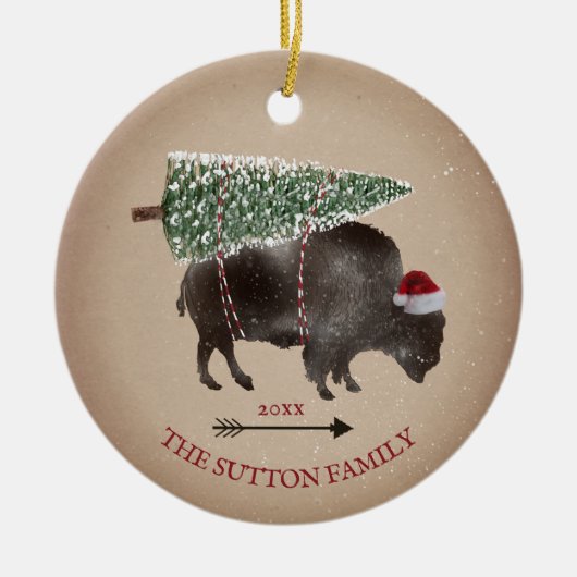 Buffalo Bison Santa Arrow Sneeuwkerstboom Keramisch Ornament (Voorkant)