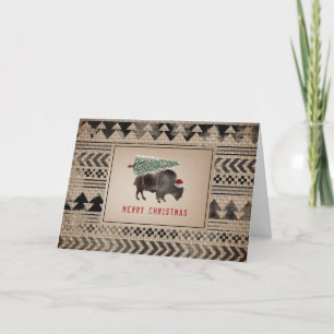 Buffalo Bison Santa Merry kerstboom Burlap Feestdagen Kaart