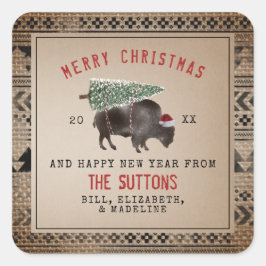 Buffalo Bison Santa Merry kerstboom Burlap Vierkante Sticker