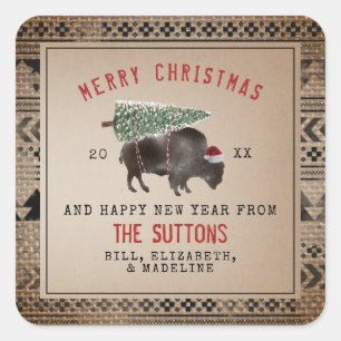 Buffalo Bison Santa Merry kerstboom Burlap Vierkante Sticker
