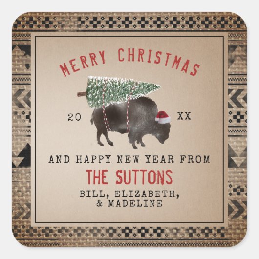 Buffalo Bison Santa Merry kerstboom Burlap Vierkante Sticker (Voorkant)