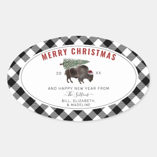 Buffalo Bison Santa Merry-kerstboom Ovale Sticker (Voorkant)