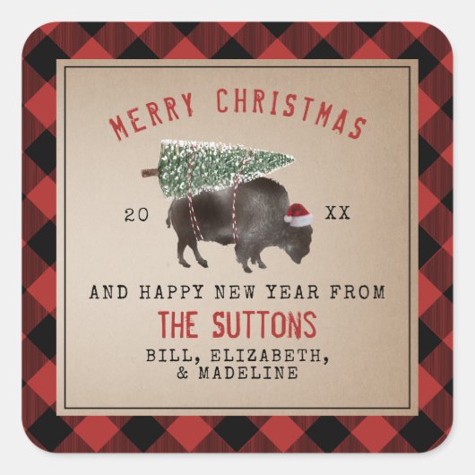 Buffalo Bison Santa Merry kerstboom Vierkante Sticker (Voorkant)