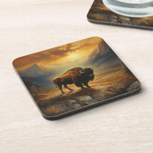 Buffalo Bison Sunset Silhouet Bier Onderzetter (Linkerzijde)