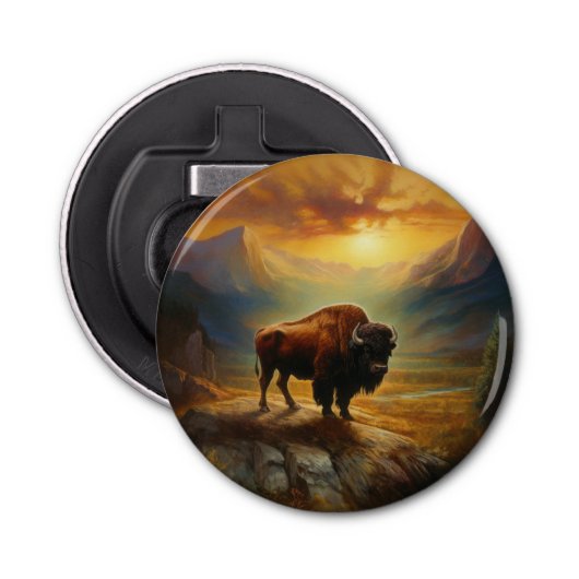 Buffalo Bison Sunset Silhouet Button Flesopener (Voorkant)