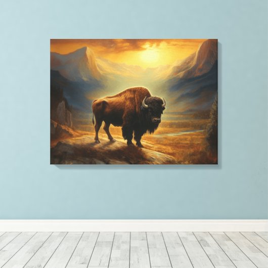 Buffalo Bison Sunset Silhouet Canvas Afdruk (Insitu (Houten vloer))