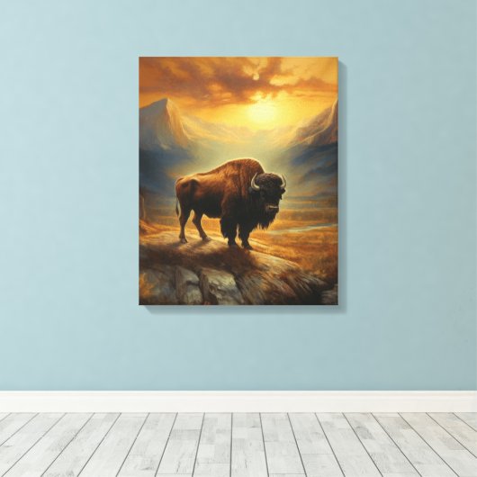 Buffalo Bison Sunset Silhouet Canvas Afdruk (Insitu (Houten vloer))