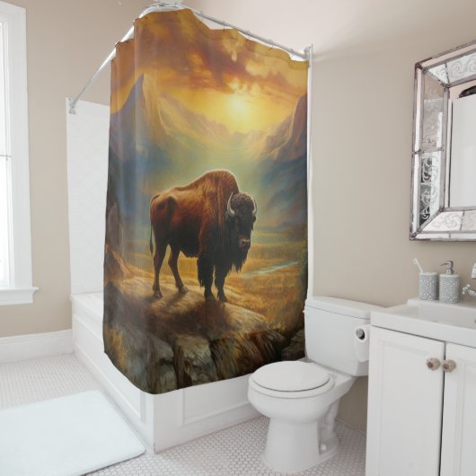 Buffalo Bison Sunset Silhouet Douchegordijn (In situ)